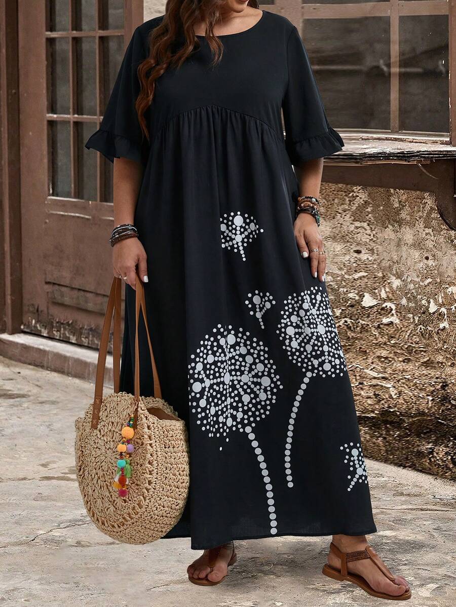 EMERY ROSE Robe longue imprimée asymétrique en lin blanc et bleu avec taille élastiquée et imprimé de pissenlit pour femmes grandes tailles pour les vacances et les loisirs en été - Noir et Blanc - Voir 1