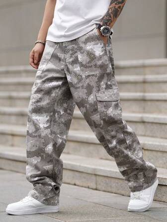 Manfinity EMRG Men Camouflage Workwear Cargo Pocket Casual Straight Leg Jeans Long Baggy Camo Washed Cargo Jeans, For Husband, Boyfriend Gifts Going Out Street Hang Out Hiking Vacation