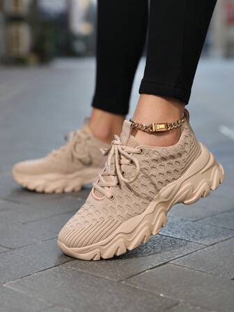 2025秋季女款运动鞋女款四季飞织跑步鞋，舒适透气系带鞋，适合公园散步，增高，时尚百搭