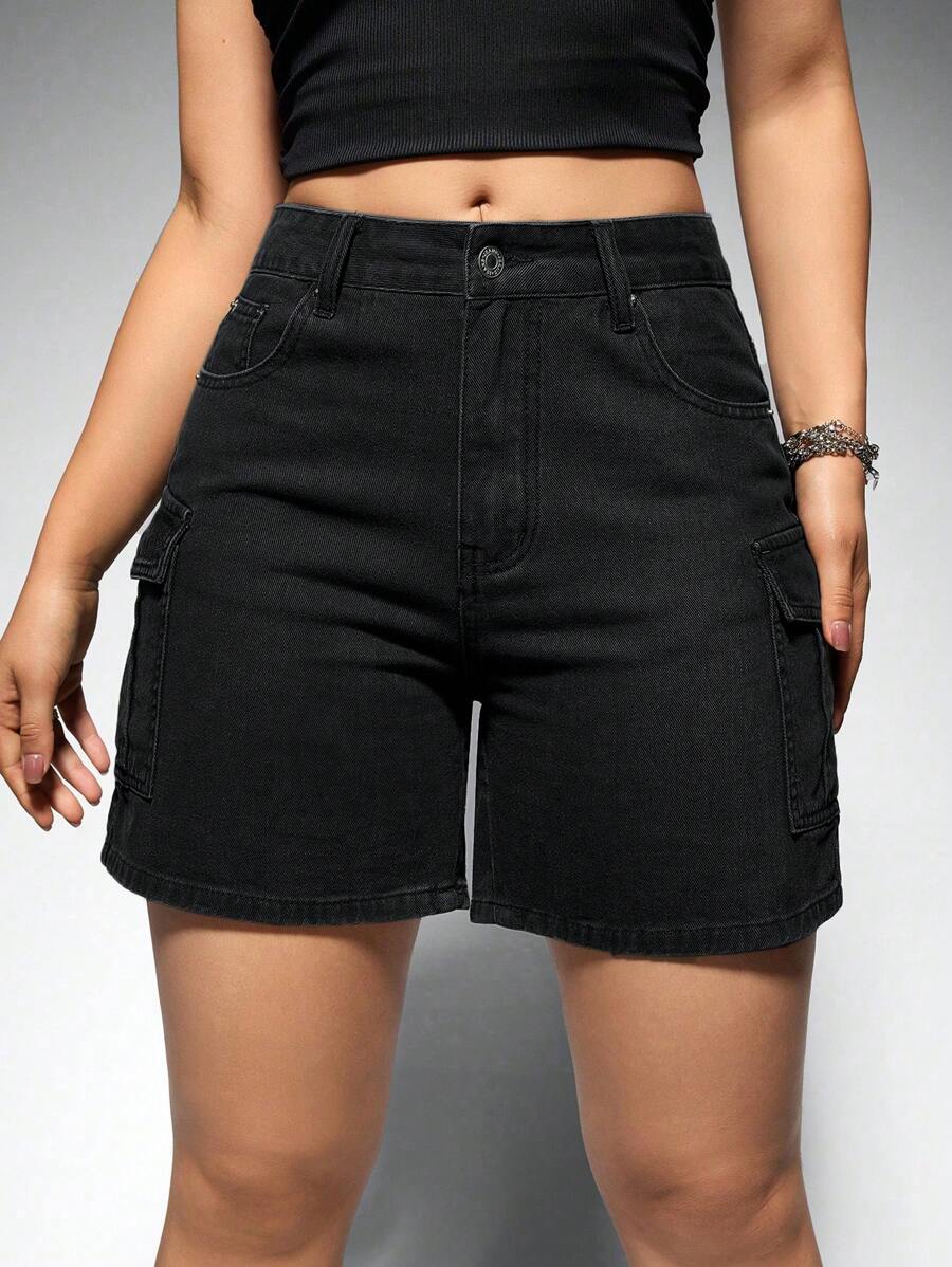 SHEIN EZwear Quần short denim màu trơn đơn giản dành cho nữ, mùa xuân hè - màu đen - Xem 1