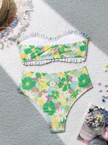SHEIN Swim Women's Floral Print Ruffle Bandeau Bikini Set With Low Waist Bottoms, Perfect For Vacation,Summer Beach - Multicolor - View 2
