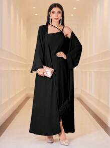 Modelyn Ladies' Solid Color Asymmetrical Neckline Fringe Dress And Casual Long Jacket, 2pcs/Set 2 Pieces Set - Black - View 4