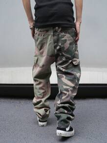 Manfinity EMRG Pantalones vaqueros casuales de pierna ancha con bolsillos y estampado de camuflaje, jeans holgados lavados estilo cargo, regalos para esposo, novio, Pantalones cargo de camuflaje para hombres