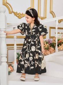 SHEIN Young Girl Graceful Embroidered Lantern Sleeve Long Dress