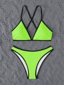 SHEIN Swim 拼色露背領帶性感霓虹比基尼套裝，適合度假、夏季沙灘 - 青檸色 - 查看 7