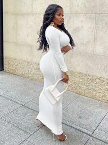 Slaydiva Casual rode bodycon maxi-jurk met ronde hals, celebrity-stijl