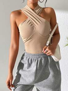SHEIN Essnce Bộ đồ liền thân không tay cổ chéo dành cho nữ có mũ trùm đầu, kiểu dáng ôm vừa vặn, kiểu dáng vùng đất hoang - Màu Khaki - Xem 3