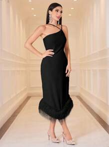 Modelyn Ladies' Solid Color Asymmetrical Neckline Fringe Dress And Casual Long Jacket, 2pcs/Set 2 Pieces Set - Black - View 6