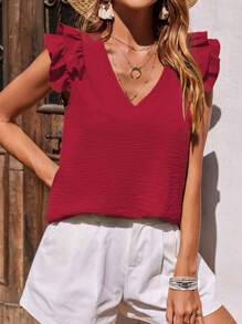 Breezaya Ladies Simple Solid Color V-Neck Layered Ruffle Armhole Blouse For New Year Clothes