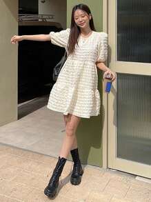 DAZY 女士夏季休闲纯色泡泡袖纹理连衣裙太阳裙