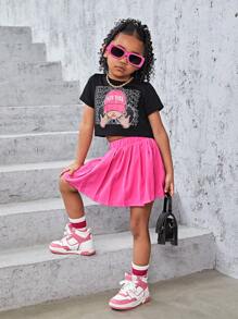 SHEIN Wildeya Conjunto De Duas Peças Com Estampa De Personagens Para Meninas (pequenas) De Manga Curta E Saia Plissada