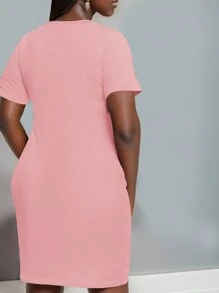 SHEIN LUNE Plus Size Mother Day Letter Print Short Sleeve Dress With Hot Stamping - Pink - View 2