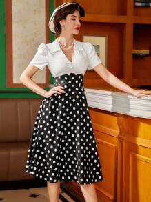 Vintamour Vestido elegante vintage de mujer, estampado de lunares en blanco y negro, camisa de cuello V, vestido trapecio de manga corta con parches, para invitada de boda, fiesta, verano, eventos, día del país, trabajo, recepción de boda, vestido de verano, vestido largo de una pieza, vestido de graduación - Blanco y Negro - Ver 7