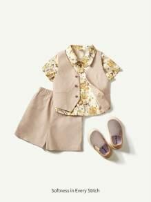 Cozy Pixies Conjunto de 3 piezas para bebé niño que incluye camisa polo de manga corta con estampado floral, chaleco de unicolor y pantalón corto informal - Albaricoque - Ver 8