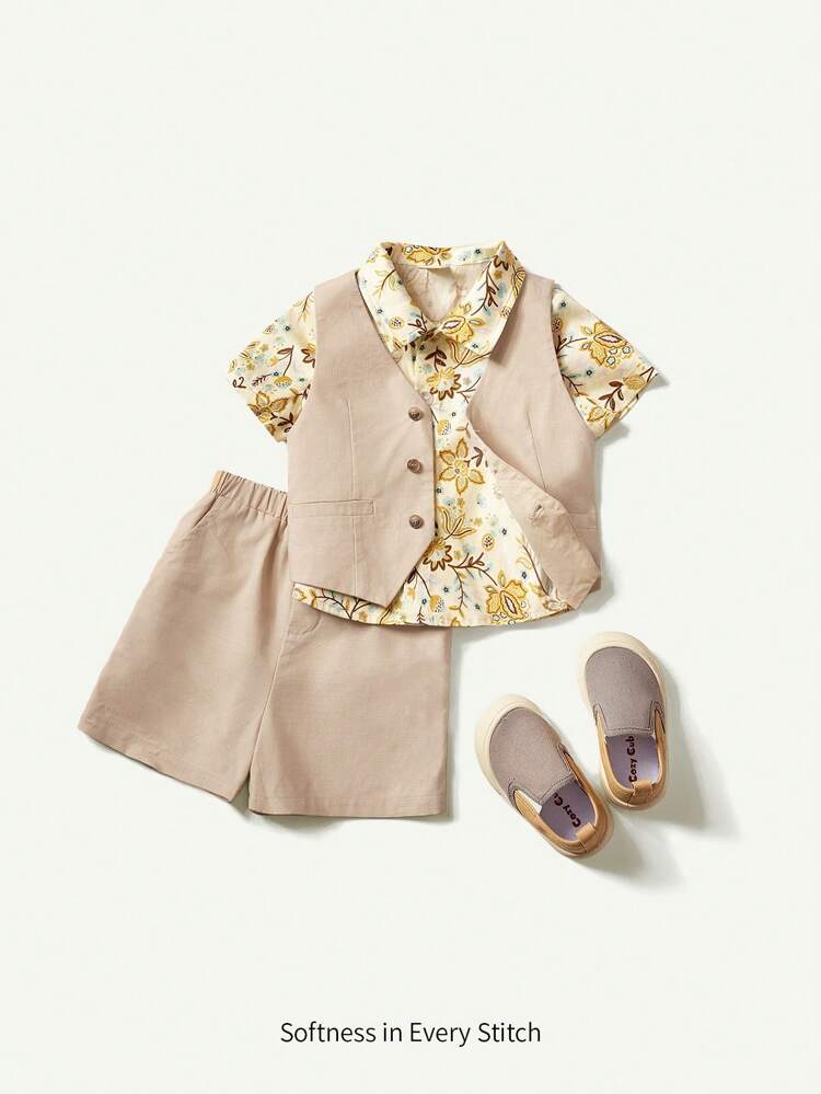 Conjunto de 3 peças para bebê menino, Top polo de manga curta com estampa floral, colete de cor sólida e Shorts casual