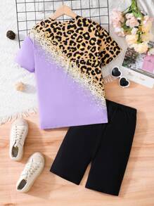 SHEIN Tween Girl Casual Color-Block Leopard Print Short Sleeve T-Shirt And Shorts Set For Summer - Multicolor - View 2