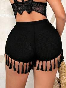 High Waist Fringe Casual Shorts For Spring/Summer Vacation - Black - View 2