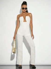 SHEIN BAE Solid White Sleeveless Jumpsuit With Plunging Neckline, Music Festival Clothing, Summer Women Clothes, Summer Women Graduation Outfit