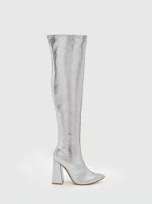 女士过膝银色粗跟靴，时尚前卫的情人节 - 銀色 - 查看 4