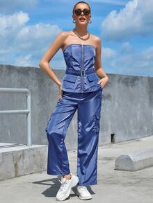 Eilly Bazar Pantalones sueltos de unicolor con cremallera lateral y bolsillo con solapa - Azul - Ver 5
