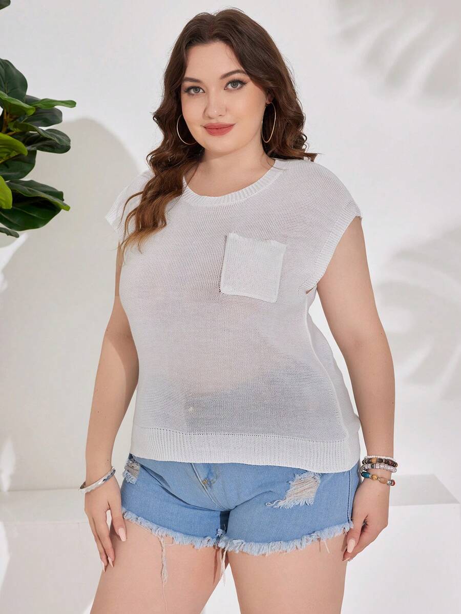 SHEIN LUNE Plus Size Vacation Casual Solid Color Slim Fit Knit Top - White - View 1