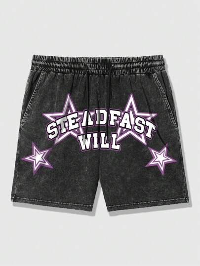 Street Life Pantalones cortos con estampado de estrella de cinco puntas lavados con lavado de nieve para hombres