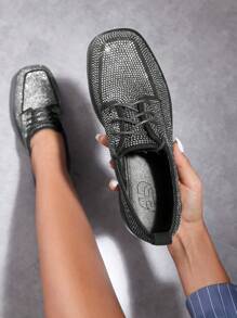 女性厚底單鞋帶緞帶系帶和水鑽裝飾用品 - 黑色 - 查看 1