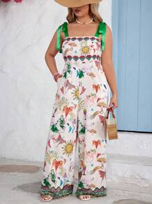 SHEIN VCAY Plus Size Allover Print Spaghetti Strap Jumpsuit For Vacation And Leisure - Multicolor - View 5