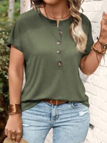 INAWLY 大码女式夏季纯色纽扣半襟圆领短袖休闲 T 恤 - 藍色 - 查看 6