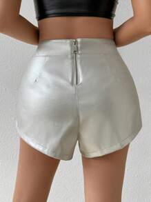 Zolique Ladies Summer Fashion Metal Zipper Back PU Leather Shorts - Silver - View 2