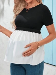 SHEIN Young And Casual Round Neck Color Block Maternity Tee With Short Sleeves, Elongated - Black - View 5