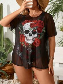 SHEIN Swim Curve Grote maten dames zomer strandvakantie tankiniset met bloemenschedelprint en mesh cover-up met korte mouwen