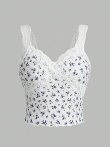 SHEIN Teen Girl Knitted Spliced Lace Trim Floral Pattern Casual Camisole Tank Top Top