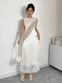 Islaluna Sleeveless Satin Splice Lace Round Neck A-Line Dress - Beige - View 1