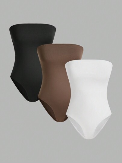 SHEIN EZwear Women's 3pcs Strapless Slim Fit Bodysuit Set, Suitable For Summer Casual Wear