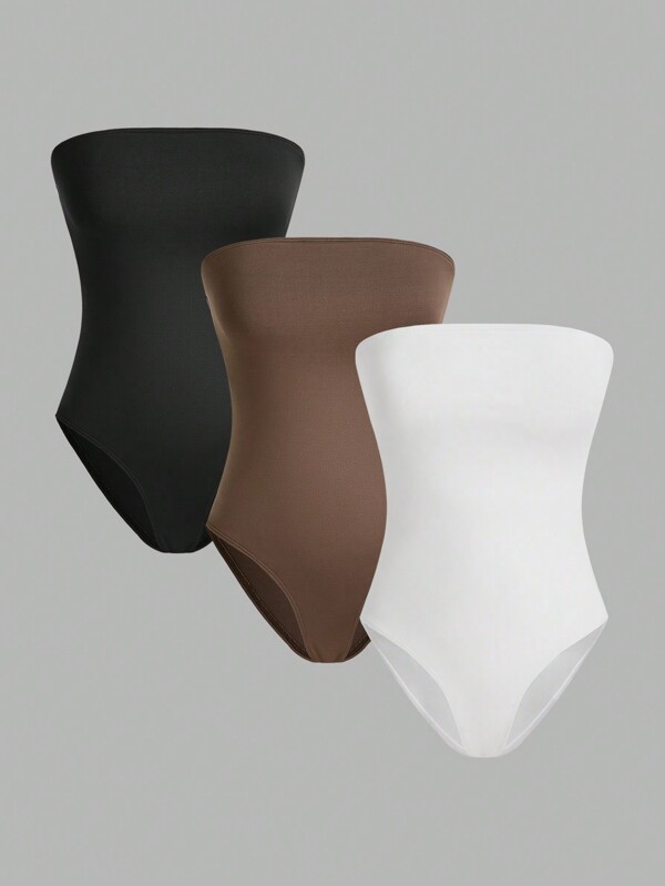 SHEIN EZwear Conjunto de 3 piezas de bodies ajustados sin tirantes para mujer, adecuado para uso casual en verano