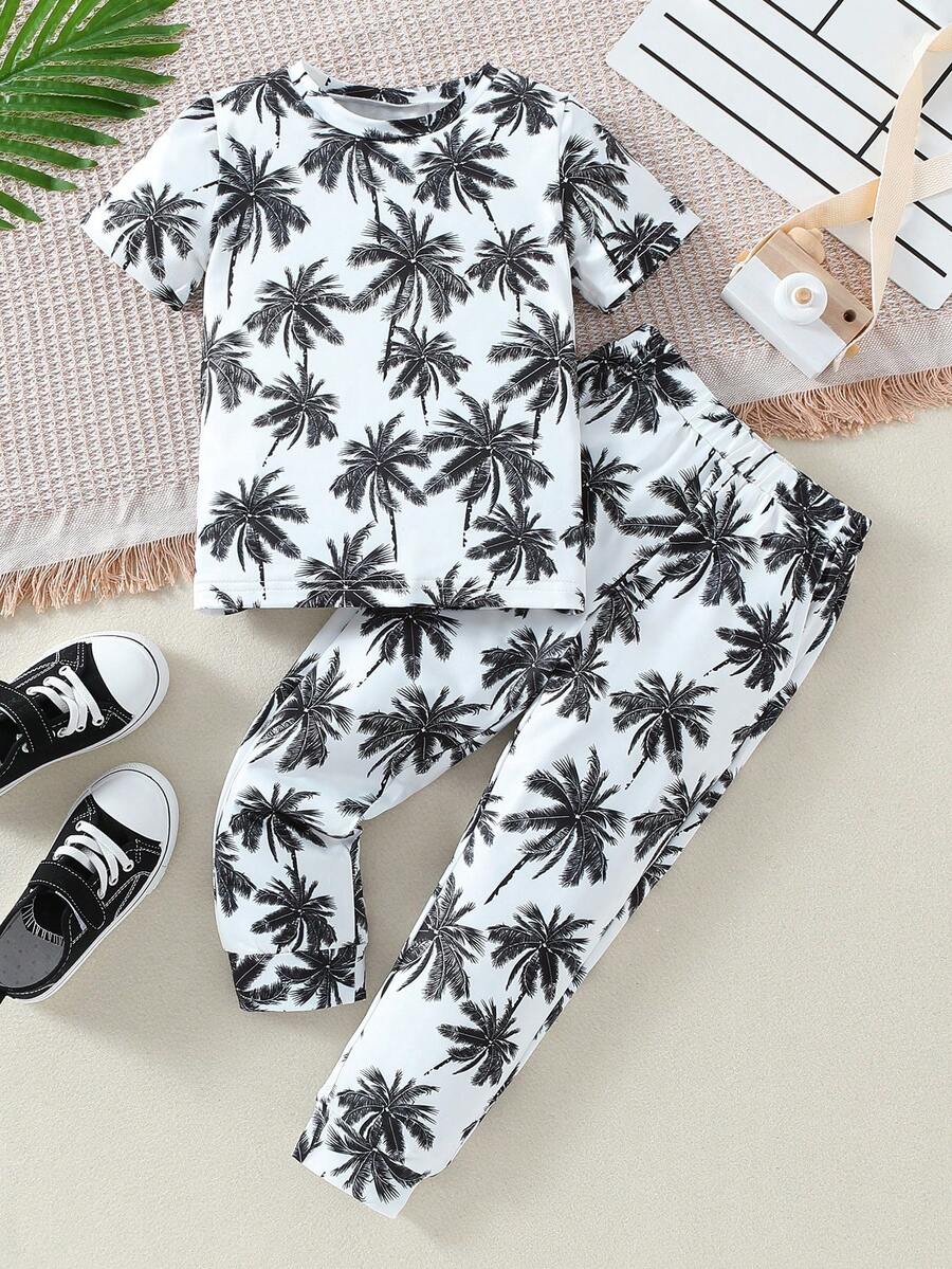 年輕男孩2入組T卹和長褲套裝，舒適的短袖椰樹印花夏季裝 - 黑與白 - 查看 1