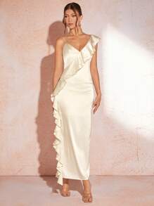 SHEIN BAE Women's Satin Mermaid Hem Dress With Ruffle Trim, Draped Design, Asymmetric Neckline, Spaghetti Straps, Long Slit, Elegant Wedding Dress