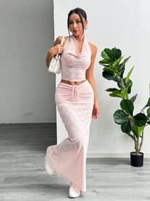 Flirla Women Summer Halter Neck Sleeveless Top With Drawstring Waist Long Skirt 2pcs Casual Set
