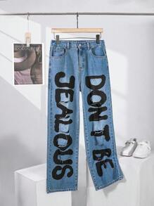 SHEIN Teen Boy Fashionable Casual Street Nostalgic Letter Print Cut Out Ripped Frayed Baggy Jeans For Summer Vacation And Dailywear