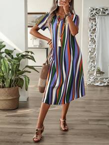 EMERY ROSE 露襠領彩色條紋短袖連身裙，夏季長袍 - 彩色 - 查看 4