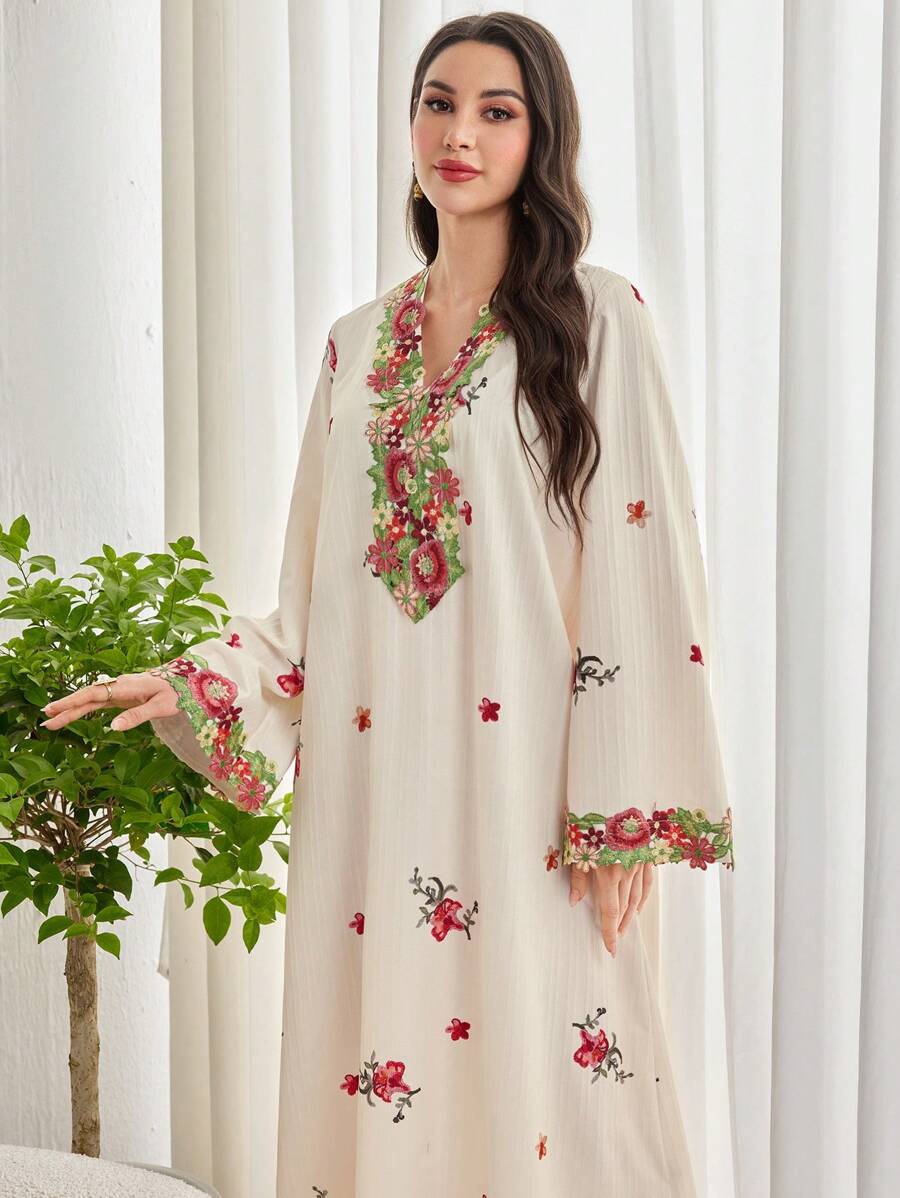 Al Najma 女式优雅花卉刺绣长袖端庄喇叭袖连衣裙，适合春夏季