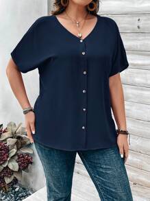 Rosumi Plus Size Women's Orange Button Embellished Short Sleeve Shirt For Spring - Navy Blue - View 6