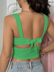 SHEIN Unity Short Crop Top With Bow Decoration For Summer Holiday - Green - View 2