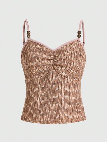 Fairycore Cami Top Con Estampado Para Mujeres Con Ribete En Contraste Y Fruncido