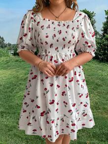 Celure Plus Size Women Cherry Blossom Printed Dress With Floral Lace Design - Multicolor - View 6