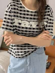 DAZY Camiseta holgada de mujer a cuadros negro y blanco