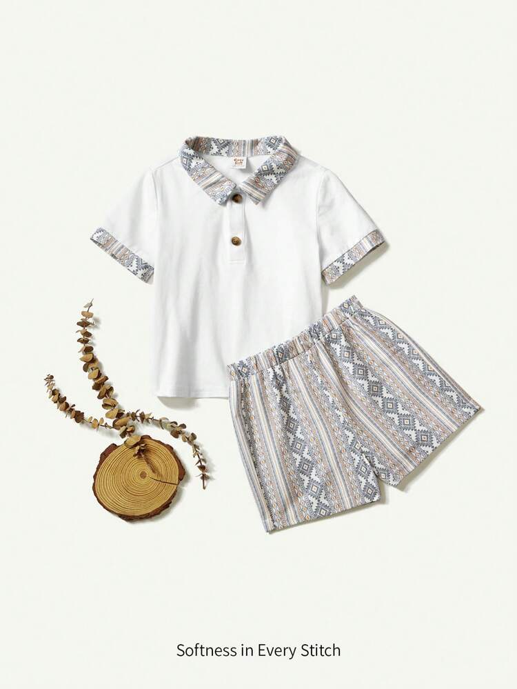 Baby Boy Traditional Pattern Color-Blocking Collar Short Sleeve Pullover With Half Placket And Casual Shorts