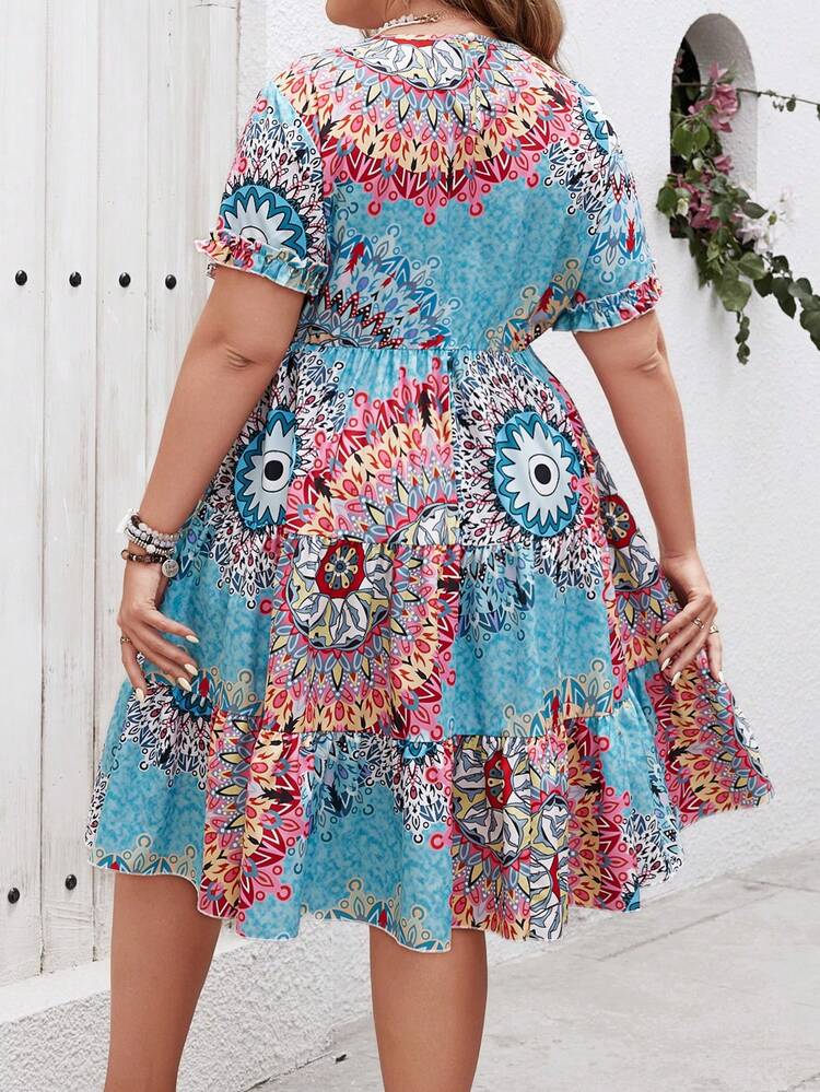 Plus Size Women's Summer Holiday Floral Printed Round Neck Short Sleeve Dress