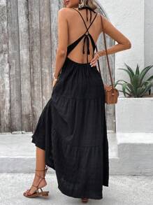 SHEIN LUNE Đầm Maxi hở lưng nhiều lớp họa tiết hở lưng có dây buộc cho trang phục mùa hè dành cho nữ - màu đen - Xem 2